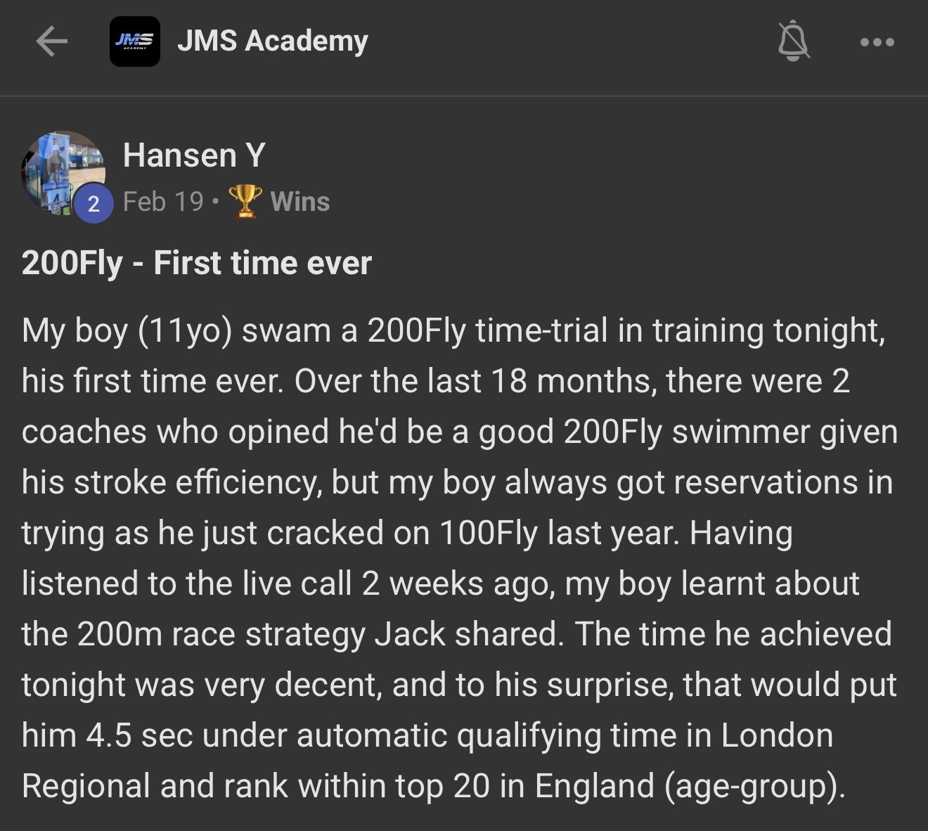 Hansen Y testimonial — 200 Fly first time ever